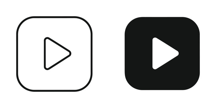 Media player play button set in rounded square outline and solid black style for user interface audio