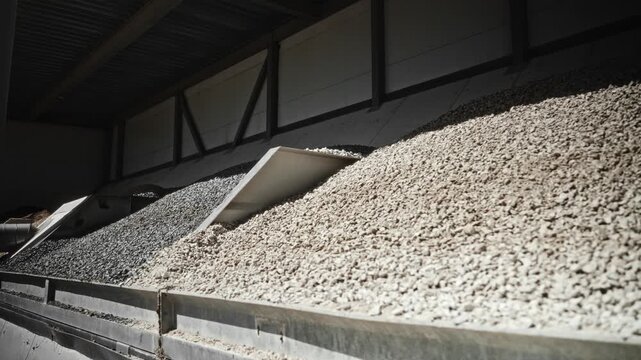 Indoor aggregate storage bays with separated crushed stone piles and angled chutes inside industrial warehouse for concrete production and bulk material handling
