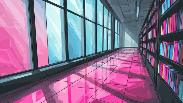 棚が並ぶモダンな図書館の通路 背景イラスト
