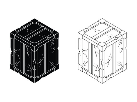 3D isometric cracked wooden crate boxes in black and white