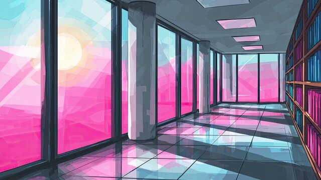 図書館 ガラス窓 書棚 通路 背景素材 モダン 室内 イラスト