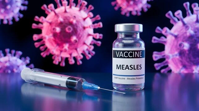 Immunization concept with measles vaccine bottle and medical syringe