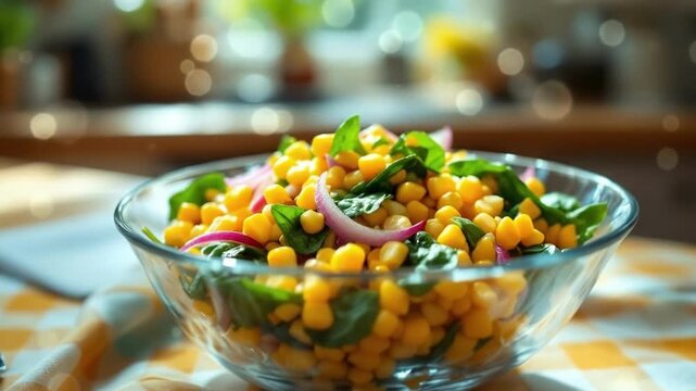 Fresh corn salad with spinach and red onions in sunlit kitchen