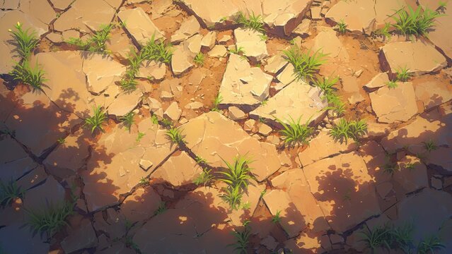 ひび割れた岩盤と雑草の地面 テクスチャ 背景素材
