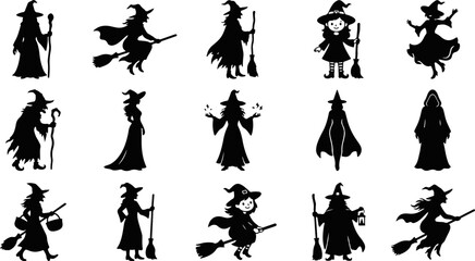 Flying witch silhouette set, Halloween spooky woman riding broomstick, magic sorceress character, dark fantasy illustration isolated black vector collection on transparent background © Nazma