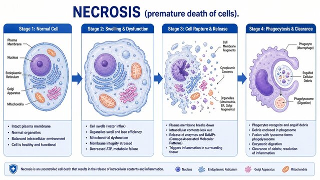 Necrosis Stages Illustration Explaining Uncontrolled Cell Death and Phagocyte Clearance