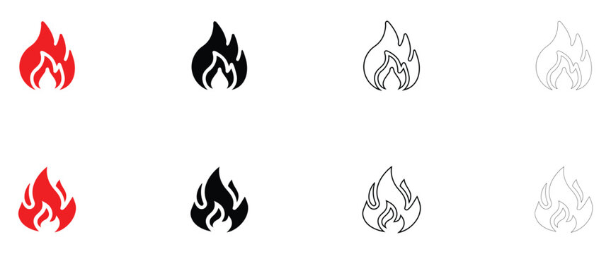 Hot fire flame icon vector, burning symbol fireball icon vector, silhouette and line art illustration