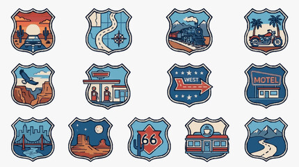 Dynamic Vintage Road Trip Shield Icons Set Featuring Desert Motel Route 66 and Travel Themed Illustrations © Ncenceleng