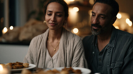 Obraz premium Candlelit Diwali dinner in a London flat where a British-Indian family debates whether mango pickle or chutney is more authentic, half-unpacked grocery bags on the counter,