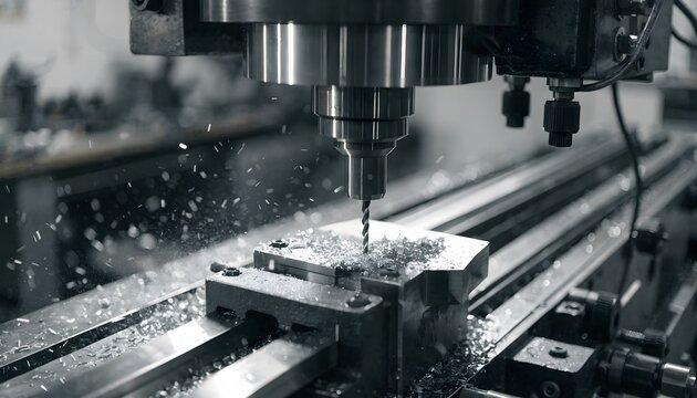 Drilling machine operating on metal workpiece in workshop