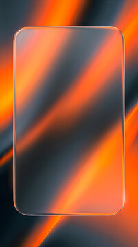 Abstract background with a glowing glassmorphism rectangle frame, featuring vibrant orange and dark grey diagonal light streaks, modern digital art design for mobile wallpaper uiux background