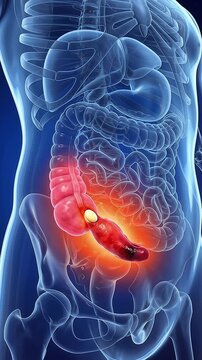 3D medical animation of inflamed appendix with appendicitis inside transparent human body highlighting digestive system and abdominal organs