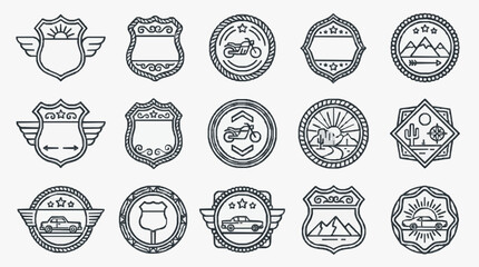 Corporate Line Art Icons Set of 15 Unique Badges and Emblems Featuring Police Aviation Motorcycle Desert Mountain and Vehicle Symbols in Black and White © Ncenceleng