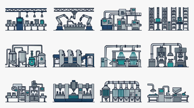 Modern Industrial Factory Equipment Lineup with Robotic Arms Assembly Lines and Processing Machines in Monochrome