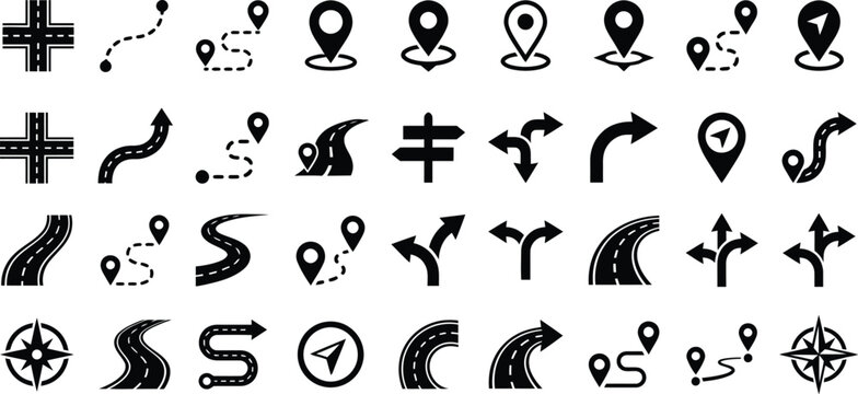 Set of navigation and road map icons for travel and location tracking