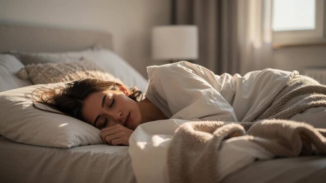 Peaceful young woman sleeping comfortably in cozy bed with soft natural light in serene bedroom