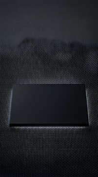 Abstract 3d render of a black rectangular platform on a dark metallic grid background with subtle glowing light underneath, minimalist product display stage uiux background