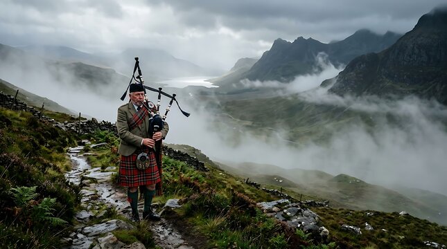Man in traditional scottish kilt playing bagpipes on a mountain trail