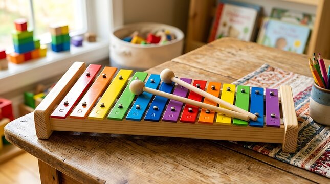 Colorful childrens xylophone on a wooden table with mallets