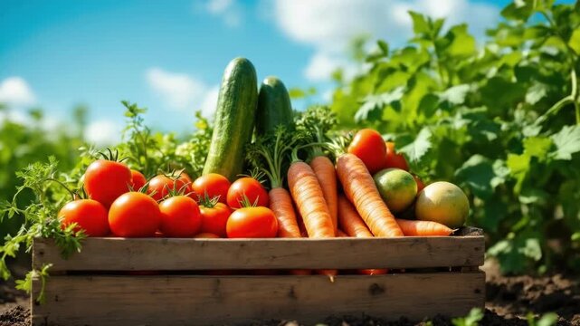Fresh vegetables in wooden crate against lush garden backdrop