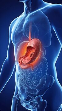 3D medical animation of stomach ulcers with gastric lesions inside transparent human body showing digestive organs and esophagus