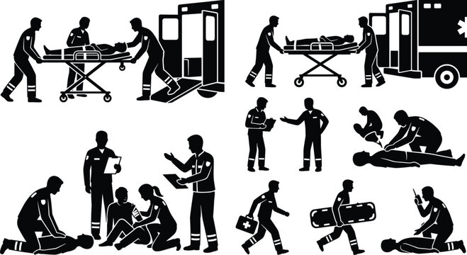 Paramedic and Emergency Medical Services Silhouette Icon Set Featuring Vector Illustration of Ambulance Loading Stretcher CPR Resuscitation and First Aid Medical Care