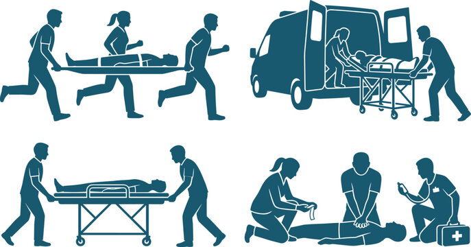 Paramedic and Emergency Medical Services Silhouette Vector Illustration Featuring Ambulance Loading Stretcher Patient Transport and CPR First Aid Care