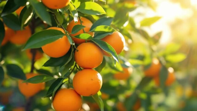 Ripe oranges hanging on tree branches in sunlit orchard