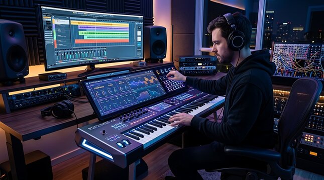 Music producer working on a mixing console in a modern recording studio at night