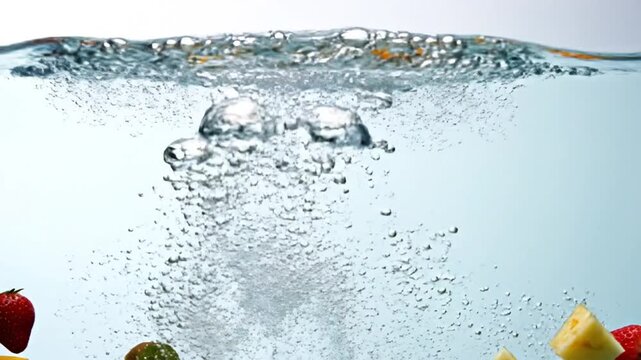 Fresh fruit splashes into clear water creating dynamic air bubbles and ripples in a refreshing liquid display.