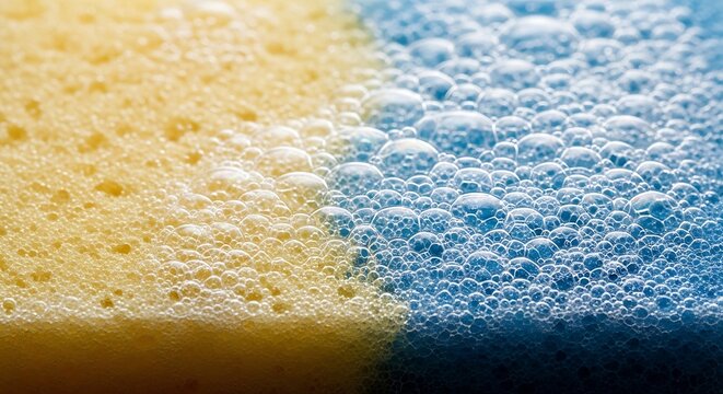 Vibrant yellow and blue sponge with sparkling soap bubbles for cleaning
