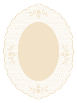 Vintage lace oval frame with rose. Classic crochet style clipart with scalloped borders for garden party invitations, greeting cards. Whimsy embroidery handkerchief with floral ornament.