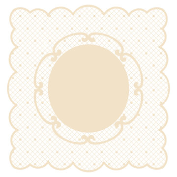 Vintage square lace frame with ornamental center. Classic embroidery handkerchief with polka dot pattern for garden wedding invitations. Whimsical lace doily clipart in crochet style.