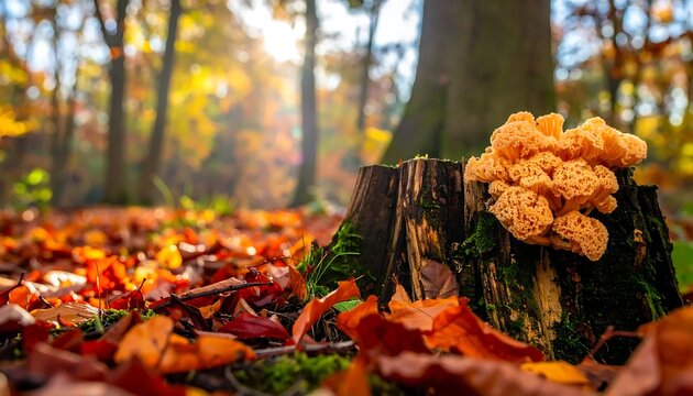 Bright Orange Fungus Growing on Weathered Tree Stump in Sunlit Autumn Forest