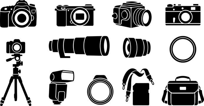 Photographer Equipment and Camera Gear Silhouette Icon Set
