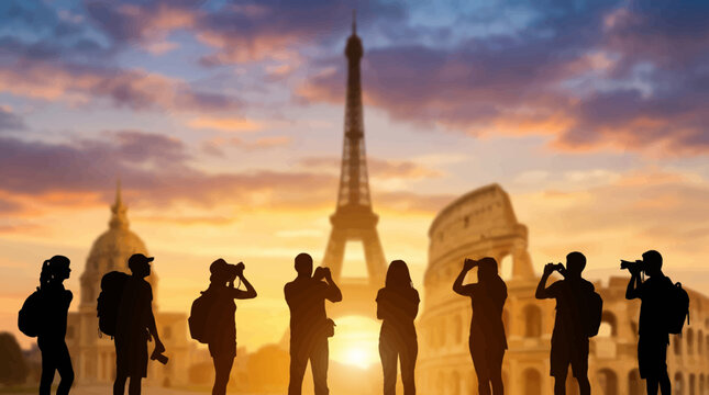 Group of tourists taking photos Paris.