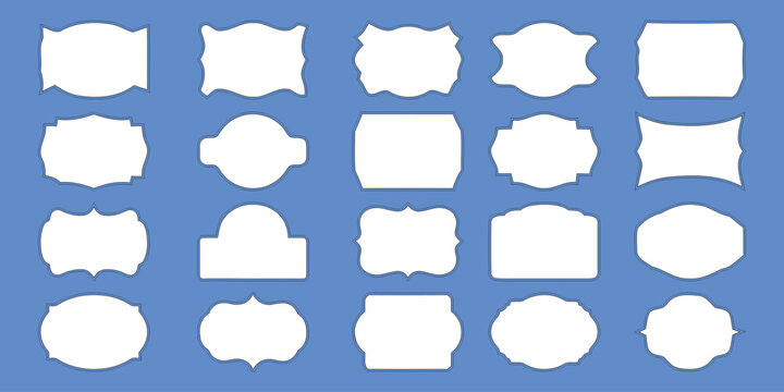 Collection of 20 unique white label shapes on blue background