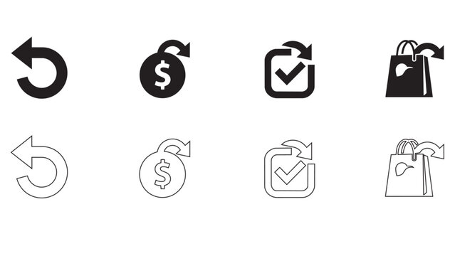 Collection of commerce icons showing undo circular arrow dollar coin and shopping bags.