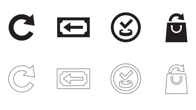 Commerce icons set featuring circular refresh arrow back button check mark and retail.