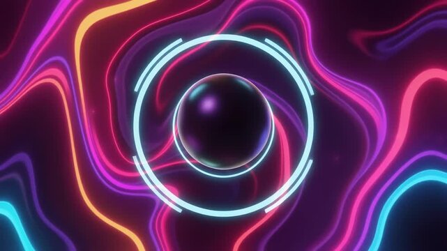 Abstract Neon Sphere with Rotating Light Rings Motion Graphics