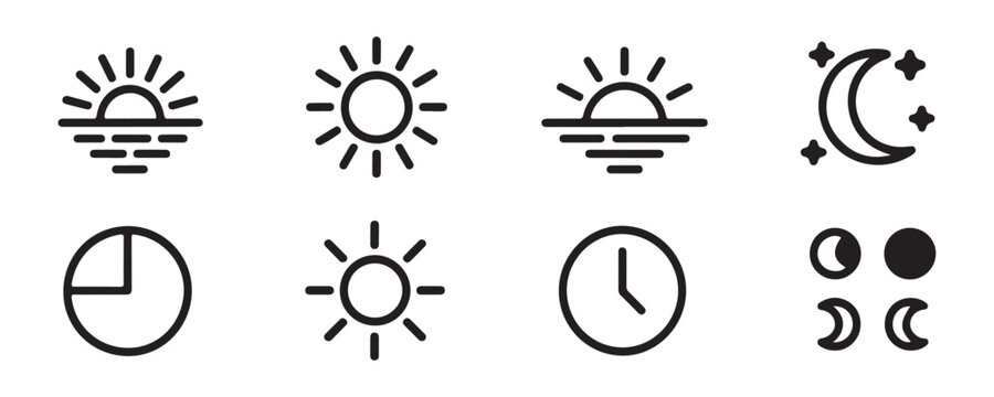 Set of minimal weather icons including sun sunrise sunset moon phases and time clock line symbols.
