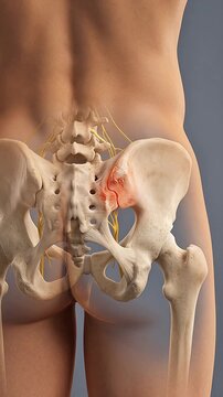 3D Medical Animation of Human Pelvis and Sacroiliac Joint Anatomy with Hip Bones, Nerves, Femur and Inflammation Pain Highlight on Gray Background
