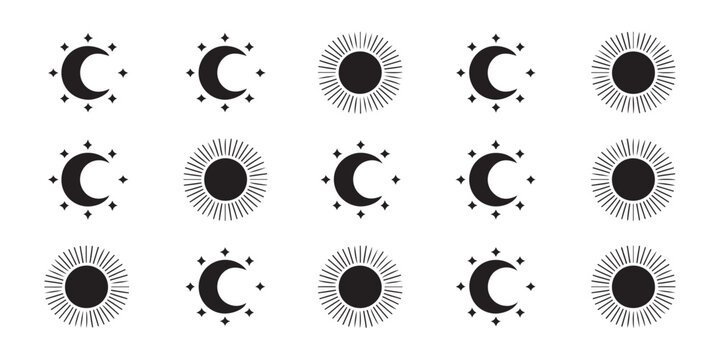 Graphic pattern of celestial icons with crescent moons and stylized suns with radiant star beams.