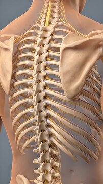 3D Medical Animation of Human Thoracic Spine and Ribcage Anatomy with Vertebrae, Spinal Nerves, Shoulder Blades and Spinal Cord on Gray Background