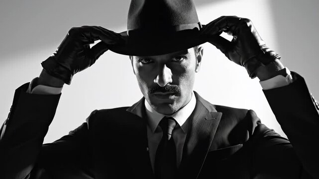 Stylish Man in Suit and Fedora Adjusting Hat in Noir-Style Studio Portrait