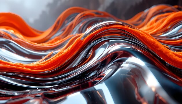 Premium abstract 3D render of flowing liquid chrome metal waves and vibrant matte orange ribbons, futuristic fluid texture background