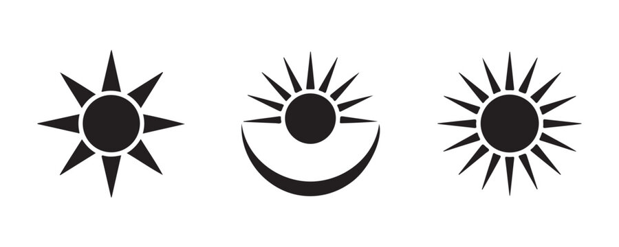 Collection of weather symbols showing sun and moon phases in various simple black graphic styles.