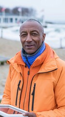 Fototapeta premium Man wearing orange jacket smiling at beachside promenade