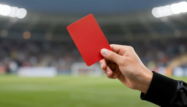 A professional referee holds a red card during a football match in a large stadium.