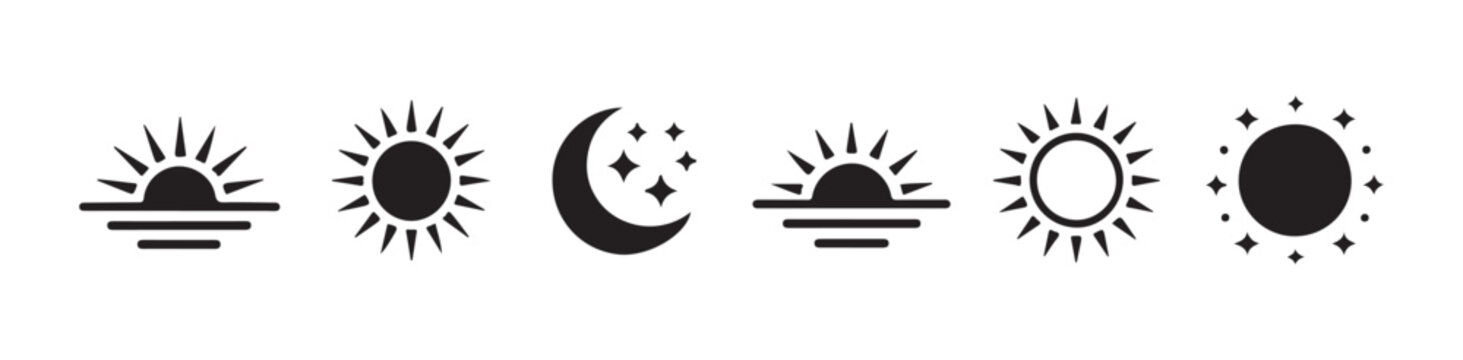 Weather icon set. sun, moon, sunrise and sunset solid black vector icons on transparent background.